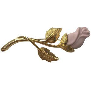 Avon Gold Tone Pink Porcelain Rose Brooch Pin, Signed M75